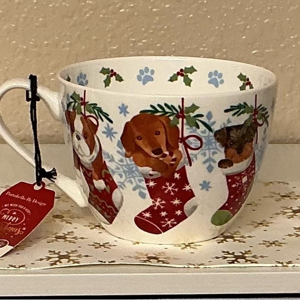 Bone China Warm Wishes Puppies in Stockings Christmas  Mug